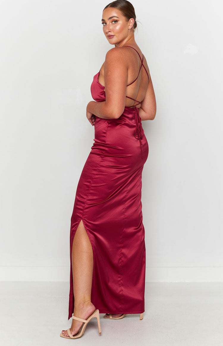 Deep red satin maxi dress featuring an open back with criss-cross spaghetti straps and tie-up detail