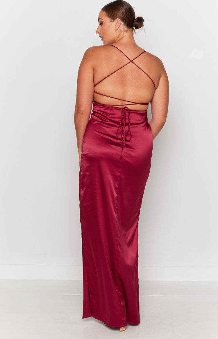 Wine satin slip dress with a straight neckline, thin spaghetti straps, and a high side slit