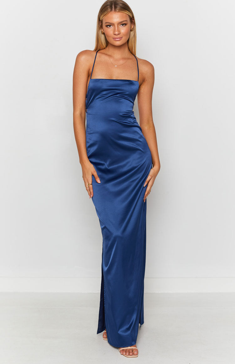 Navy satin formal slip dress with square neckline, thin criss-cross straps, and a high side split