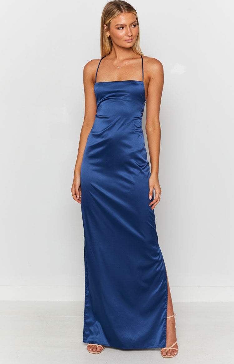 Navy satin maxi slip dress with a straight neckline and high side slit