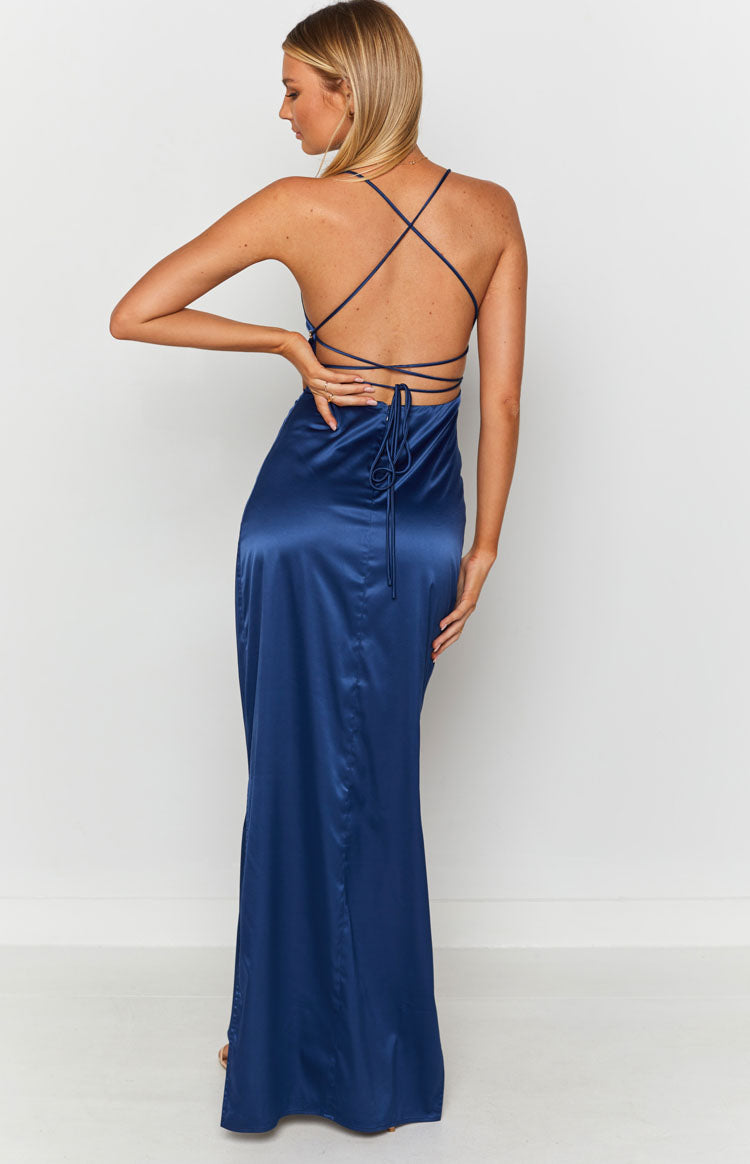 Navy satin dress with side cutouts and criss-cross lacing through gold grommets