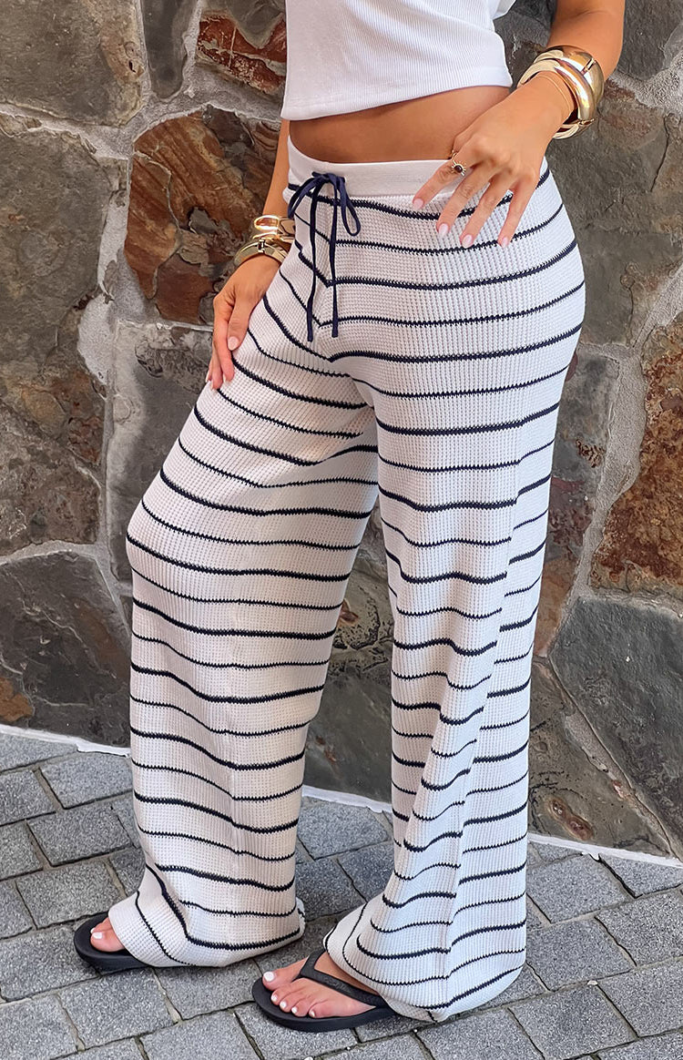 Maple White Navy Stripe Knit Pants | Beginning Boutique US