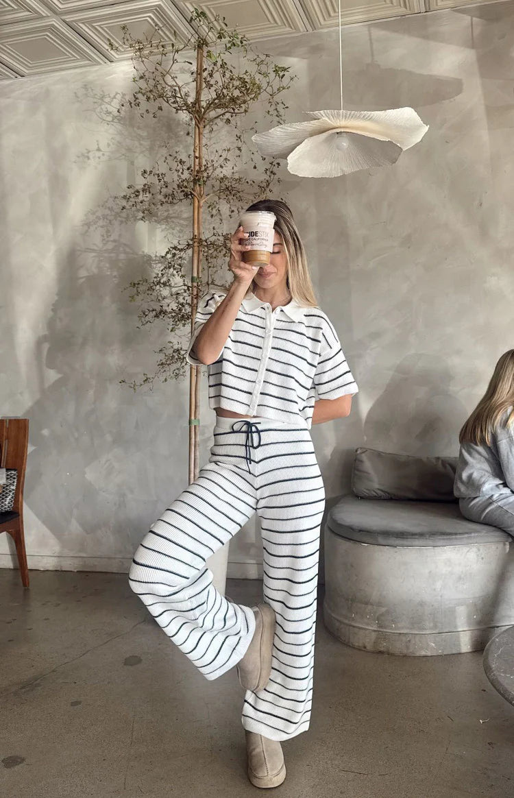 Maple White Navy Stripe Knit Pants | Beginning Boutique US