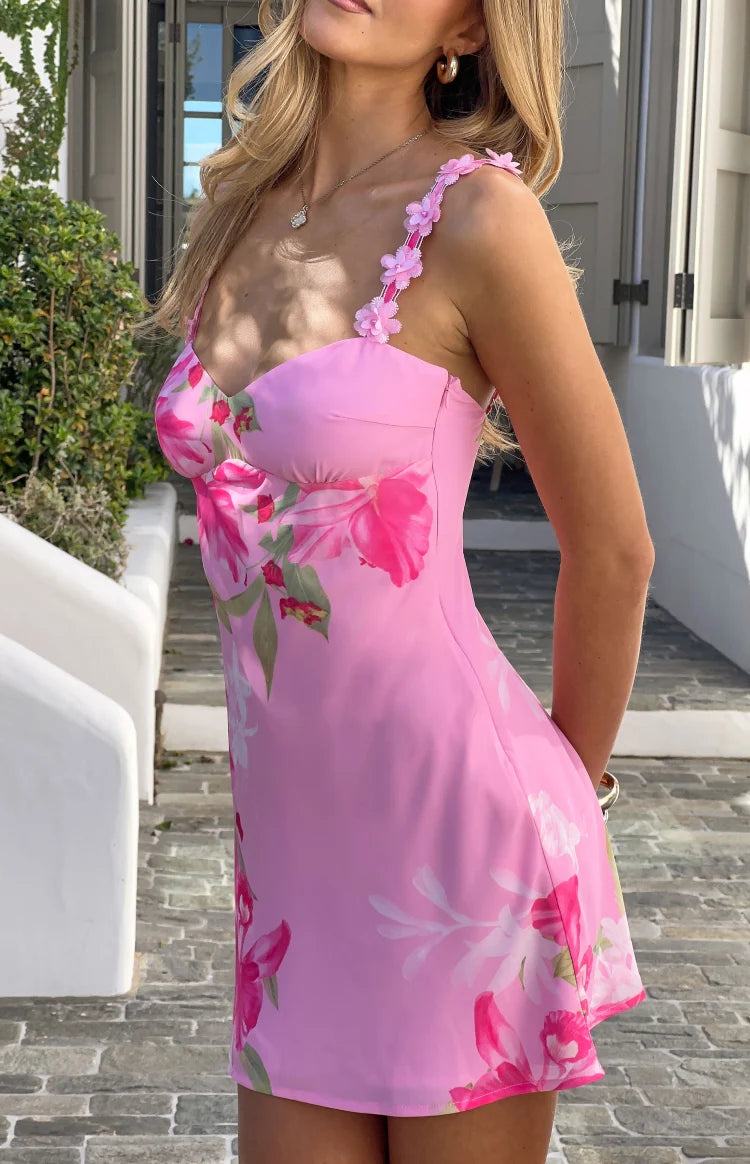 Marbelle Pink Floral Chiffon Party Mini Dress