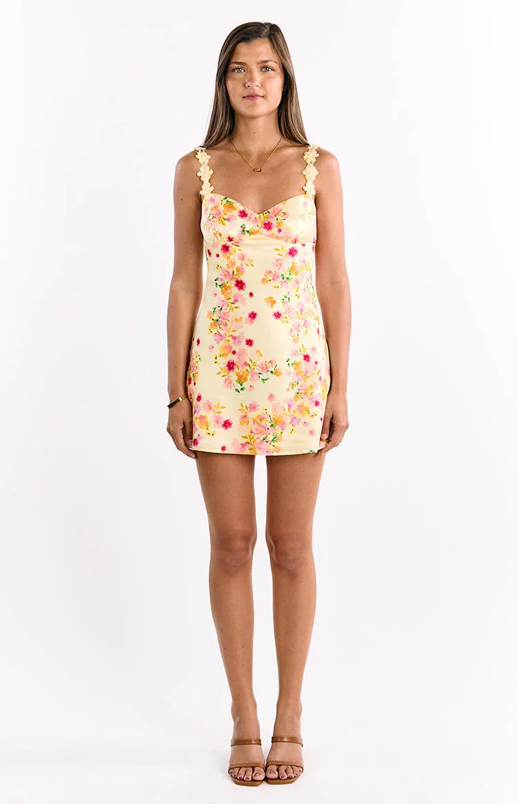 marlise floral mini dress Marbelle Yellow Bloom Satin Mini Dress - US 2
