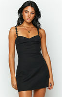 Beginning Boutique Marbelle Black Mini Dress black fitted mini dress with sweetheart neckline and flower detailed straps