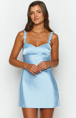Light blue satin mini dress with sweetheart neckline and delicate floral appliques on the straps