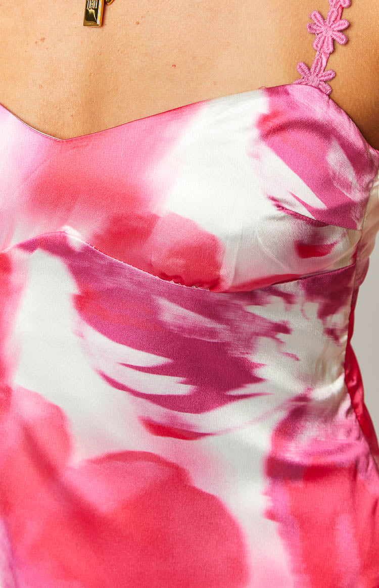 Marbelle Pink Floral Satin Print Mini Dress Image