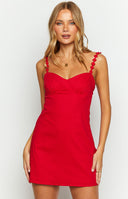 Beginning Boutique Marbelle Red Mini Dress red sweetheart mini dress with floral embellished spaghetti straps and fitted bodi