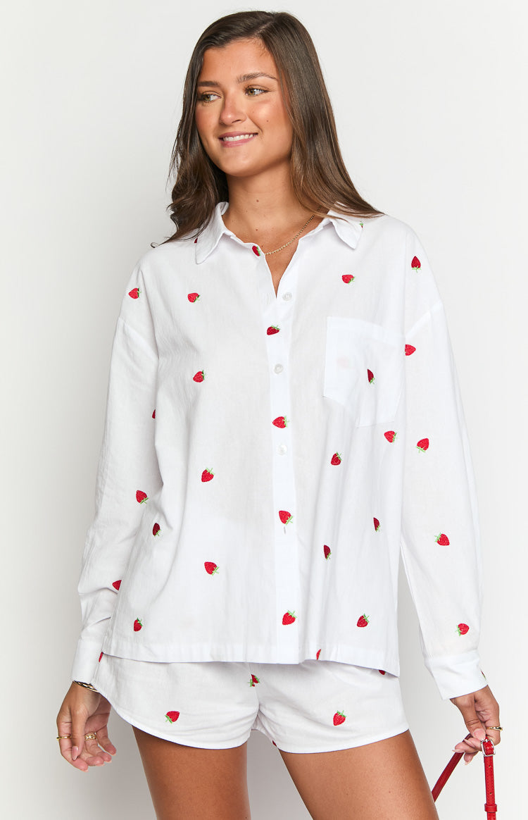 Margarita White Strawberry Embroidered Long Sleeve Shirt Image