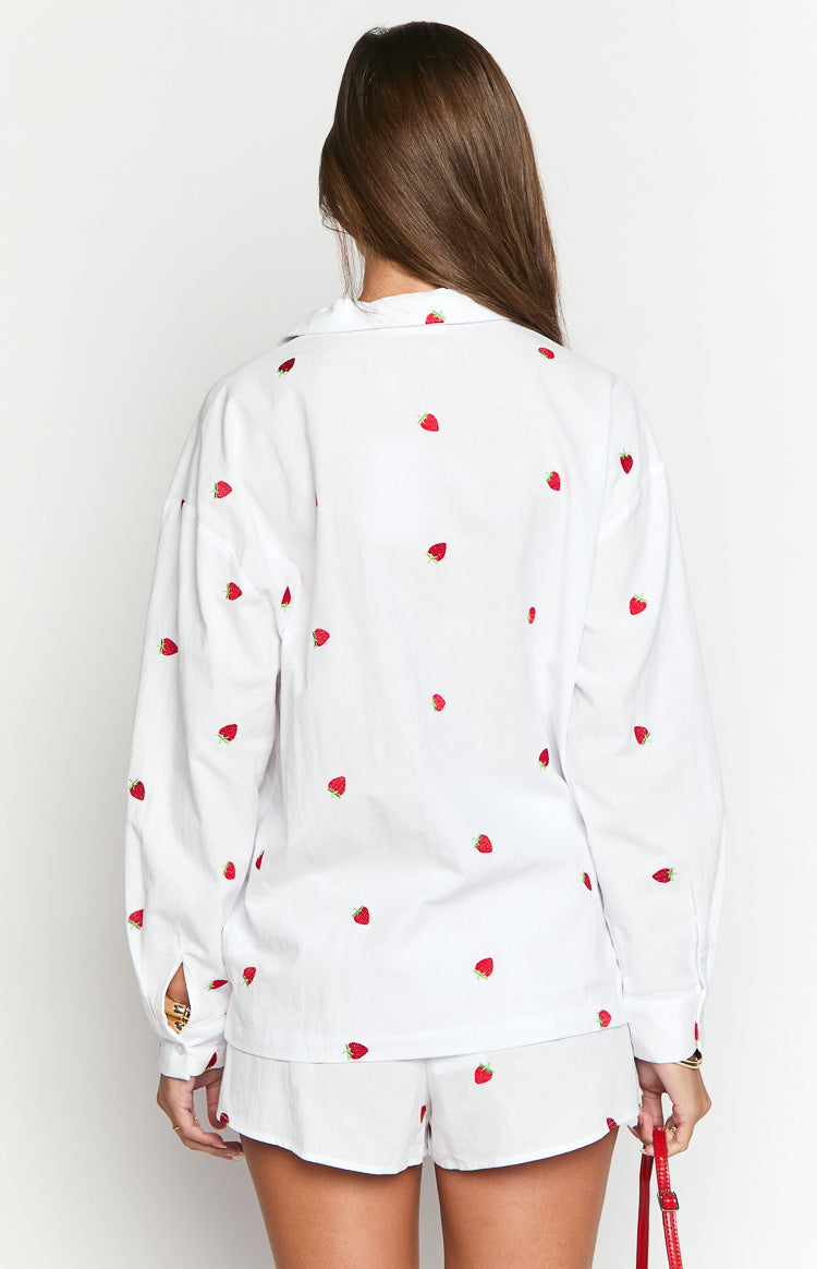 Margarita White Strawberry Embroidered Long Sleeve Shirt Image