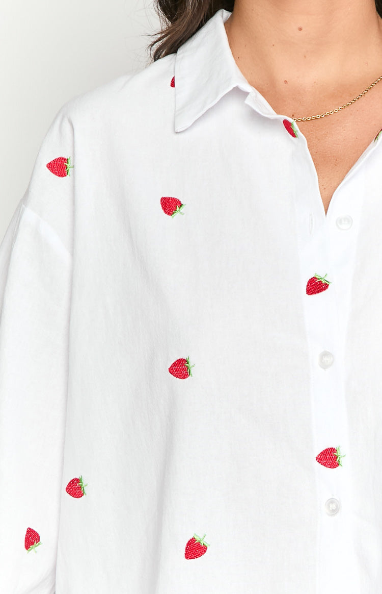 Margarita White Strawberry Embroidered Long Sleeve Shirt Image