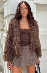 Beginning Boutique Margot Brown Shaggy Fur Jacket brown shaggy faux fur jacket with long sleeves and open front