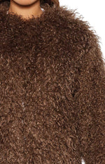Close-up showing the rich brown colour and curly, shaggy faux fur texture of the jacket