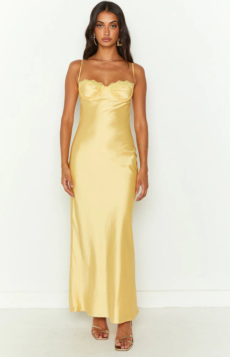 Mariana Yellow Lace Bust Midi Dress - US 6 | Beginning Boutique Exclusive Mariana Yellow Lace Bust Midi Dress - US 6 | Beginning Boutique Exclusive