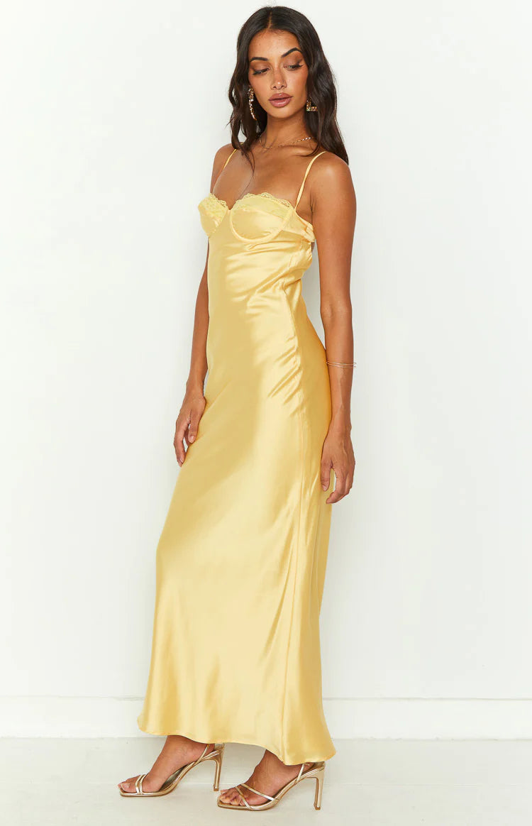 Mariana Yellow Lace Bust Midi Dress - US 6 | Beginning Boutique Exclusive Mariana Yellow Lace Bust Midi Dress - US 6 | Beginning Boutique Exclusive