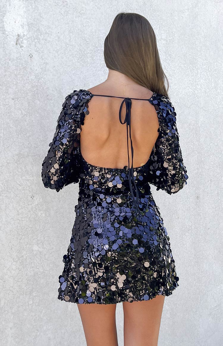 Marienne Black Large Sequin Long Sleeve Mini Dress - 4 | Beginning Boutique Exclusive