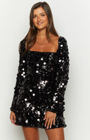Beginning Boutique Marienne Black Large Sequin Long Sleeve Mini Dress black large sequin long sleeve fitted mini dress with a square neckline