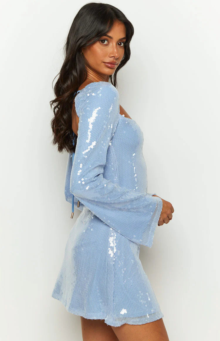 blue sequin boucle mini dress Blue Sequin Boucle Mini Dress
