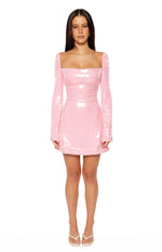 Light pink sequin mini dress with a square neckline and long sleeves