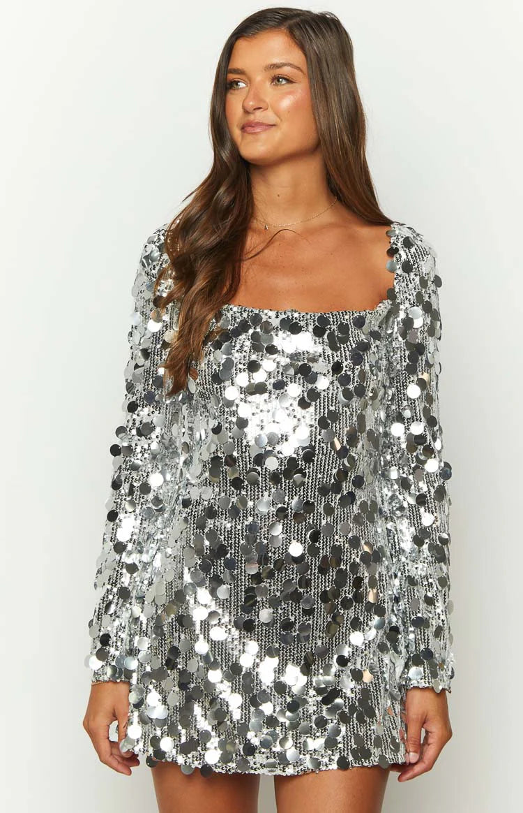 white and silver long sleeve dress Long Sleeve Crystal Pearl Sequin Maxi Dress White