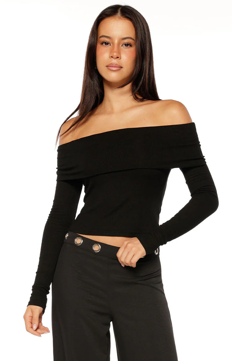 Marlin Black Off Shoulder Long Sleeve Top | Beginning Boutique US