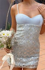 Marnia Blue Sequin Lace Satin Party Mini Dress