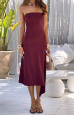 Maura Plum Strapless Asymmetrical Midi Dress