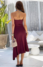 Maura Plum Strapless Asymmetrical Midi Dress