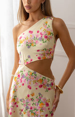 Mellick Yellow Bloom Satin Maxi Dress Image