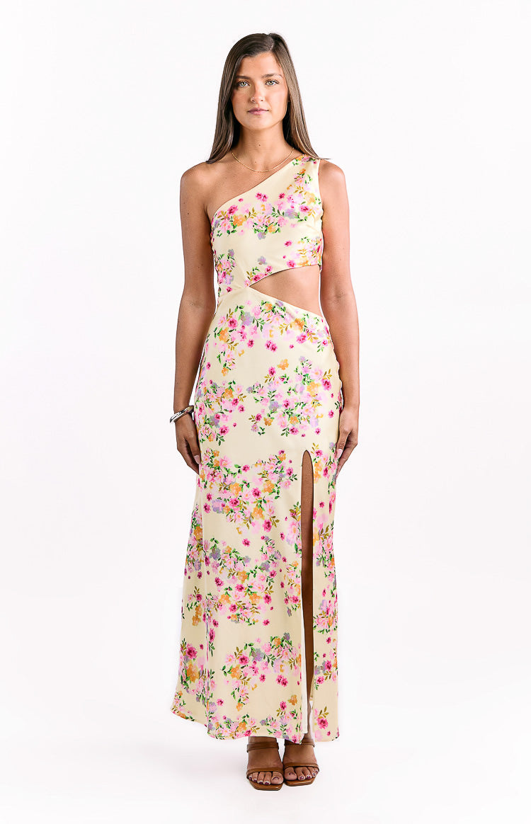 Mellick Yellow Bloom Satin Maxi Dress Image