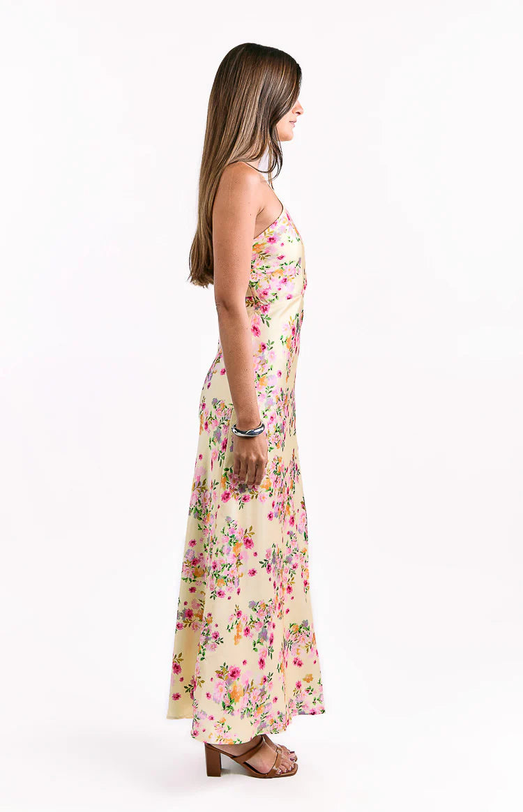 Mellick Yellow Bloom Satin Maxi Dress - US 12