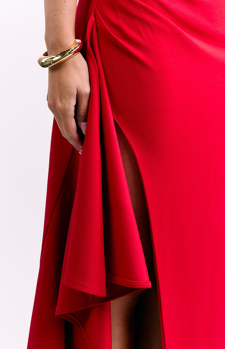 Merlo Red Crepe Strapless Formal Maxi Dress Image