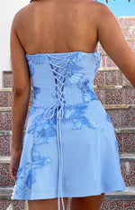 Mickey Blue Flower Applique Corset Party Mini Dress