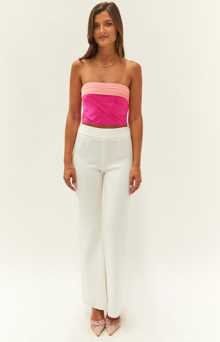 Two-tone pink satin strapless crop top with a light pink upper band and fuchsia body