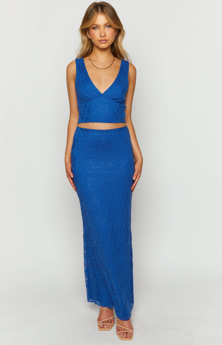 Blue lace V-neck sleeveless crop top with a fitted bodice and subtle gathering