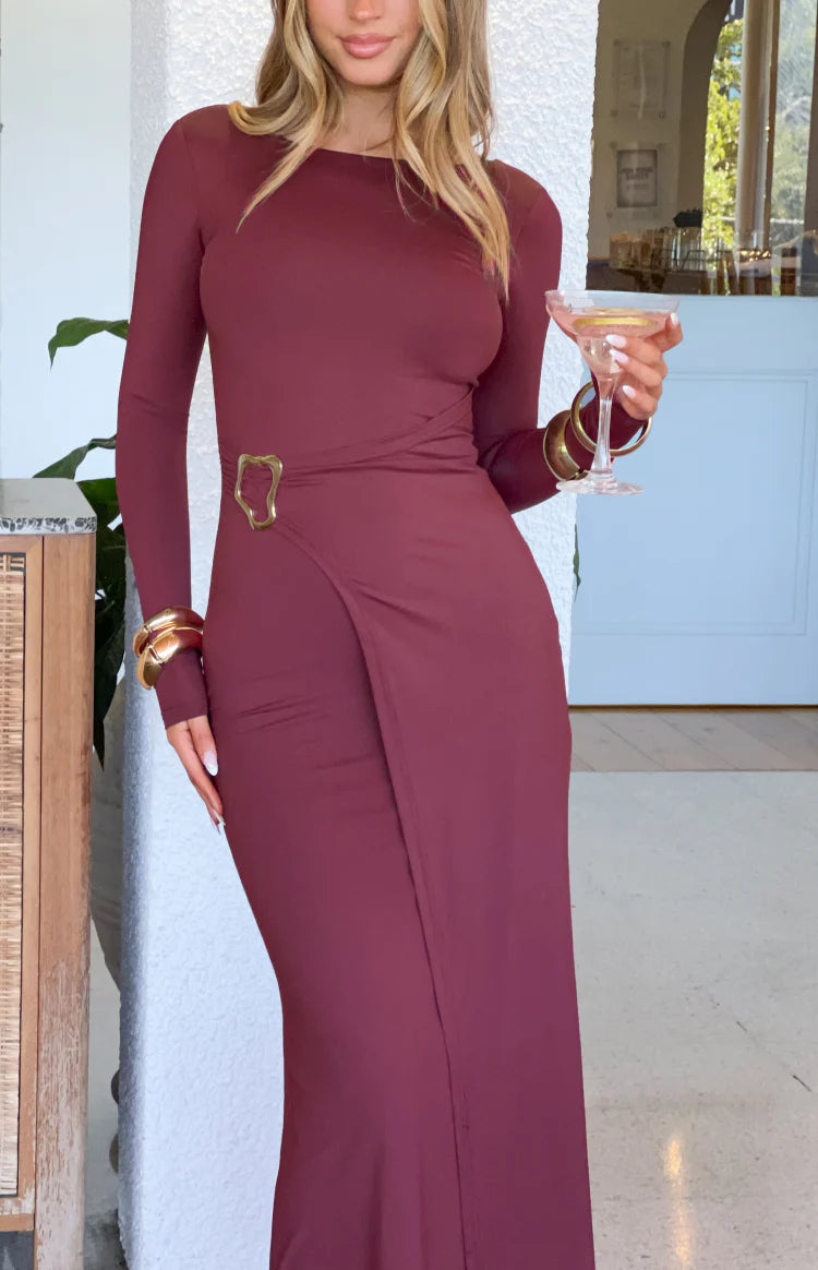 Misaki Burgundy Long Sleeve Wrap Maxi Dress - US 4