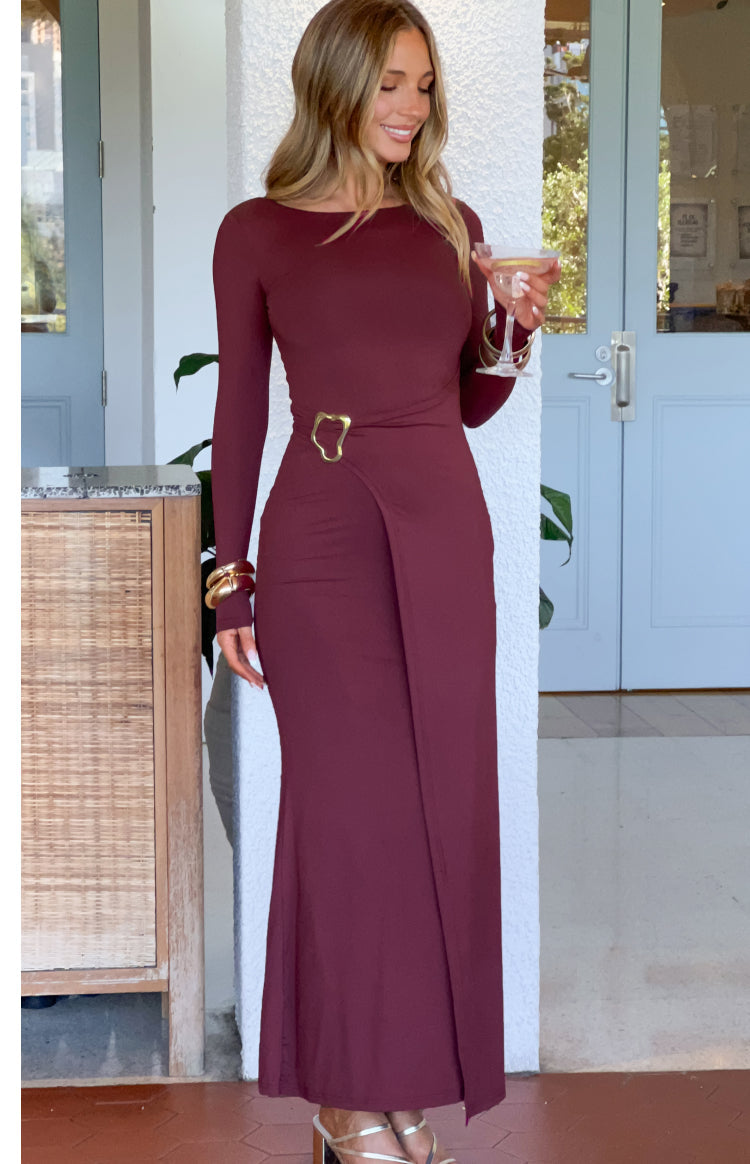 burgundy and gold long sleeve dress Misaki Wrap Maxi - US 4 Yellow Dresses