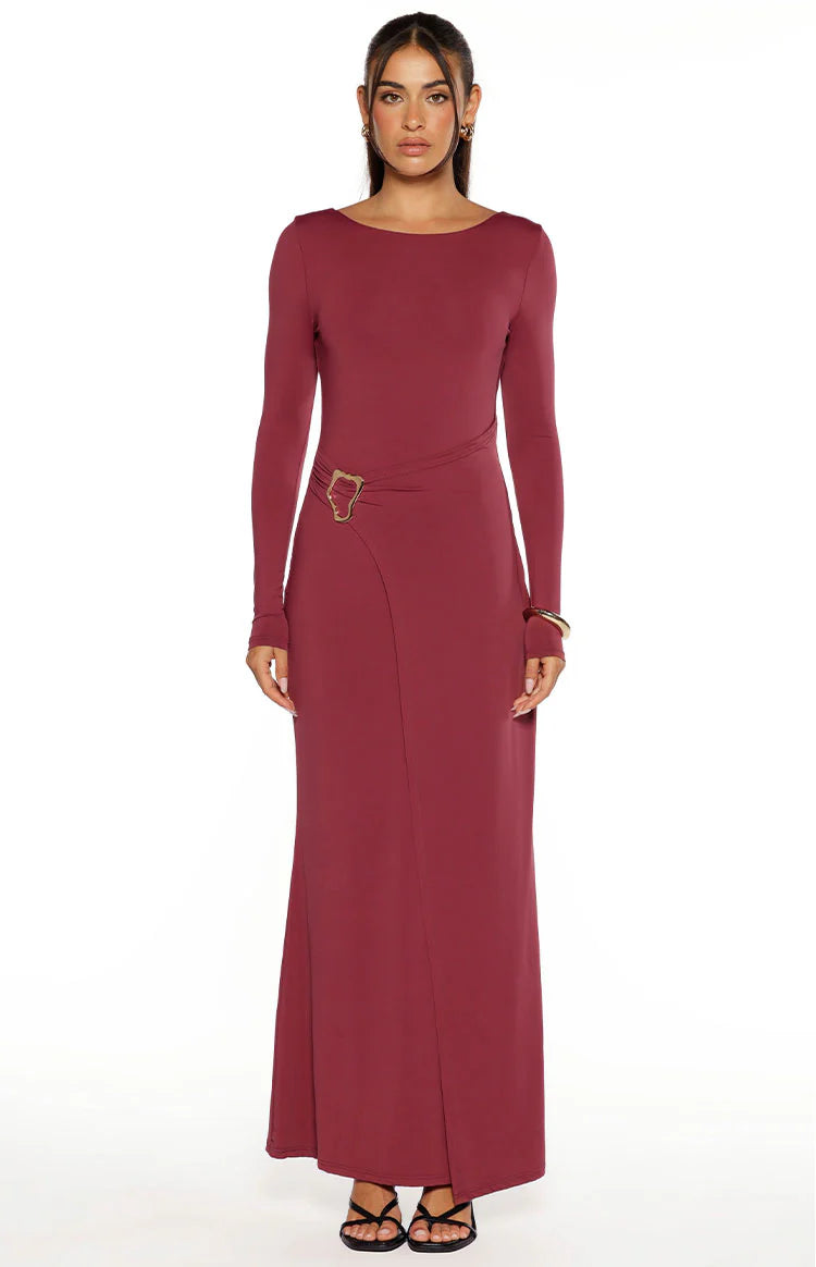 red long sleeve wrap maxi dress Misaki Burgundy Long Sleeve Wrap Maxi Dress