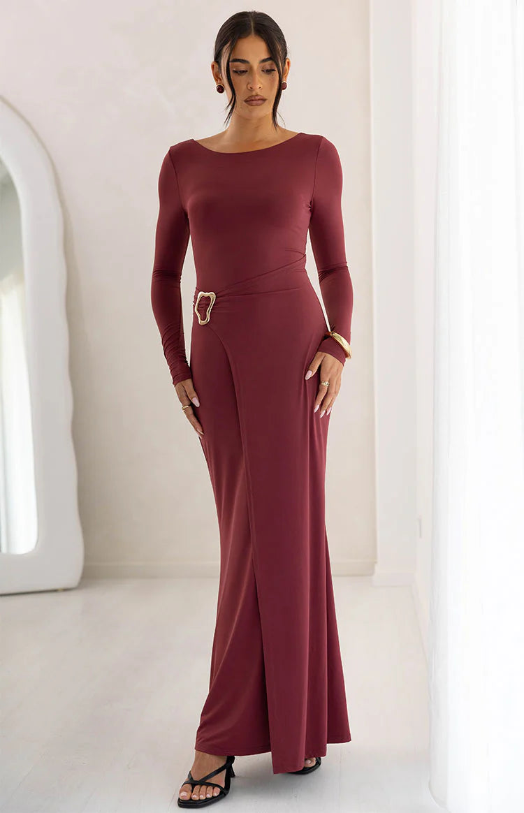 burgundy wrap maxi dress Misaki Burgundy Long Sleeve Wrap Maxi Dress