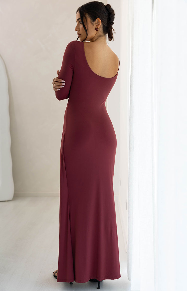 Misaki Burgundy Long Sleeve Wrap Maxi Dress Image