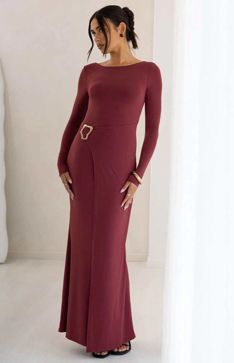 burgundy wrap dress maxi Misaki Burgundy Long Sleeve Wrap Maxi Dress