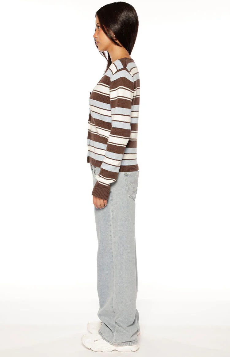 Brown, blue, and white striped button-down cardigan with a relaxed fit and ribbed cuffs