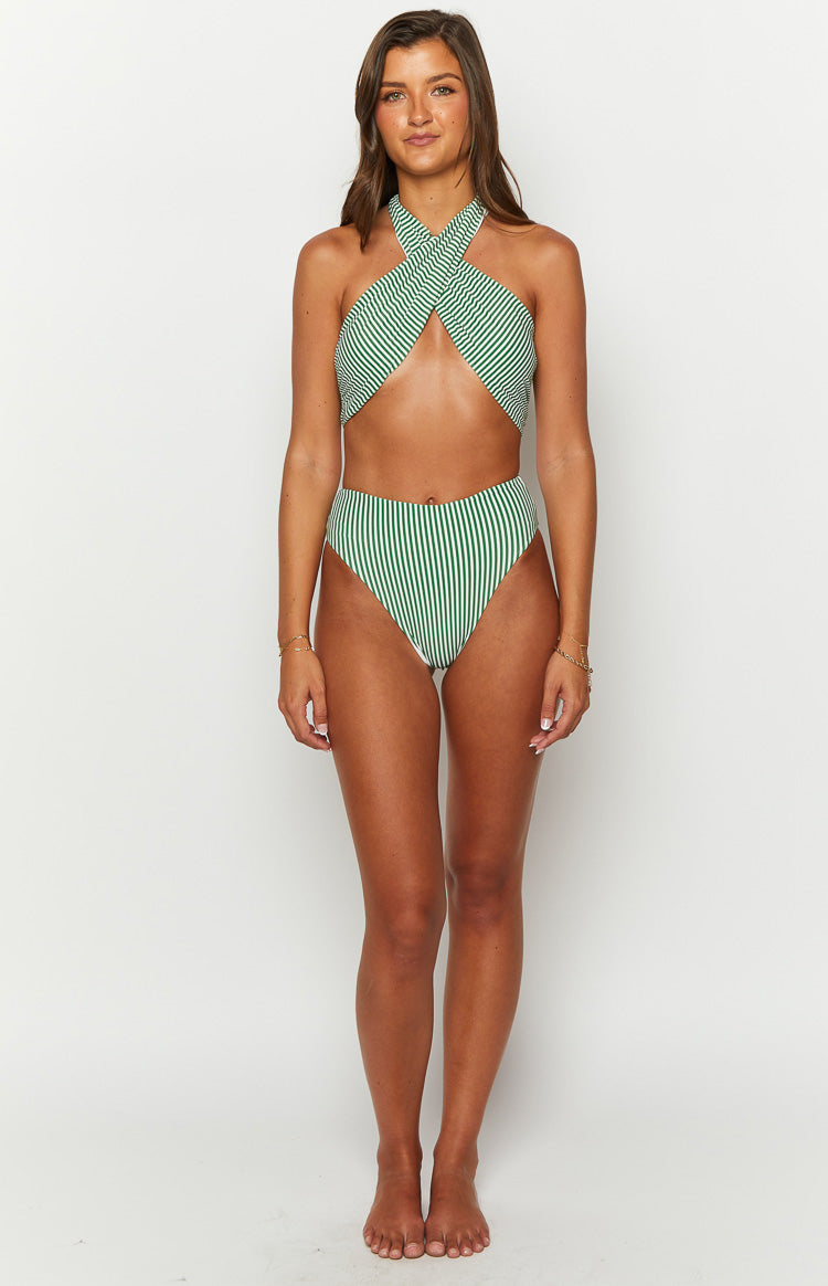 9.0 Swim Miss America Green Striped Halter Bikini Top Image