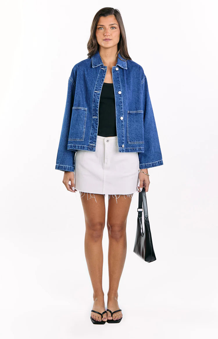 Mixie Mid Wash Denim Contrast Stitch Denim Jacket | Beginning