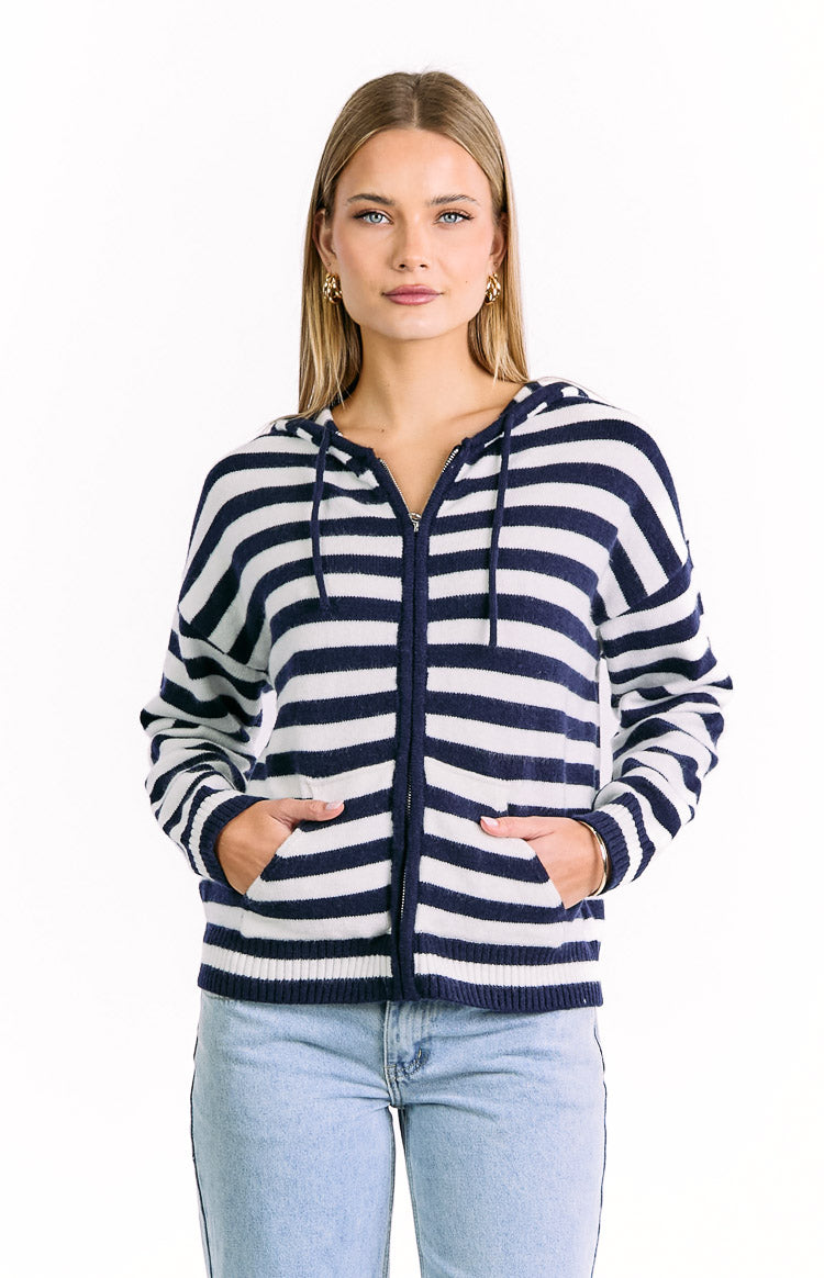 Mollie Navy Stripe Knit Zip Sweater Image