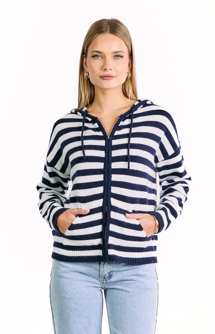 Mollie Navy Stripe Knit Zip Sweater