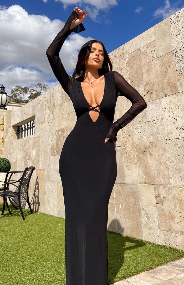 low cut black maxi dress Amedeo Plunge Halter Neck Maxi Dress