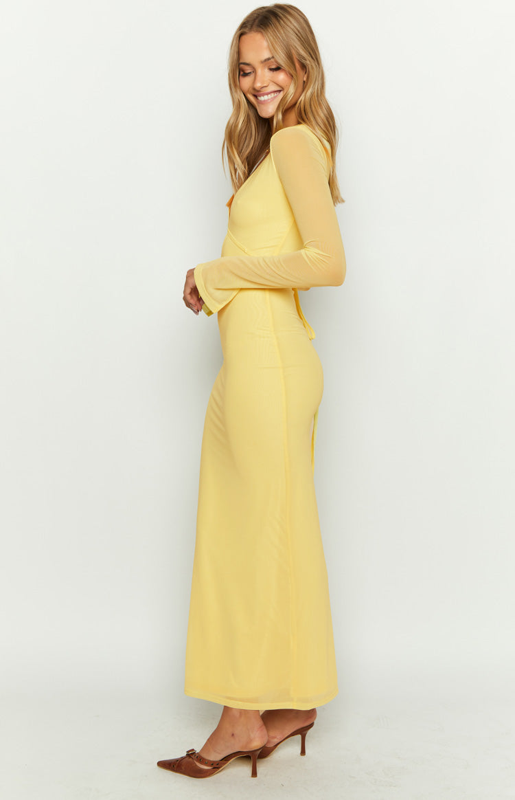 yellow bodycon dress long sleeve Monni Yellow Maxi Dress - US 14