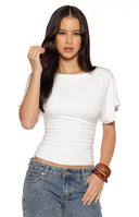 Beginning Boutique Muriel White Ruched Waist Jersey Top white jersey boat neck crop top with short dolman sleeves and ruched